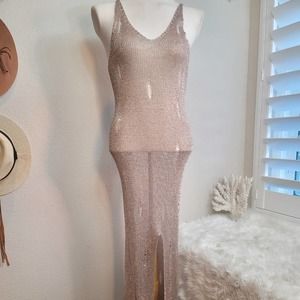 Codigo Mesh Distressed Metallic VNeck Sleeveless Open Front Dress